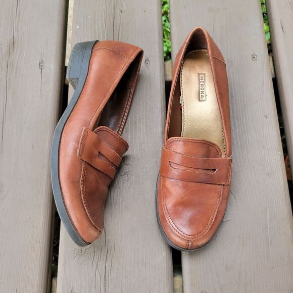 Vintage 90s y2k Brown Leather Moc Toe Moccasins Driving Penny Loafers Flats 7.5 - Picture 1 of 8